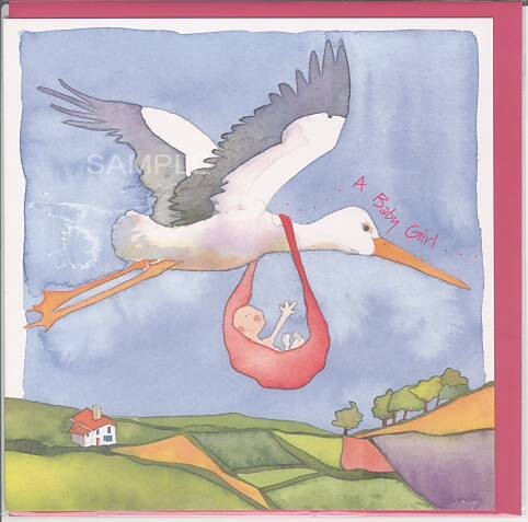 square card-出産祝　飛ぶコウノトリ（女児）